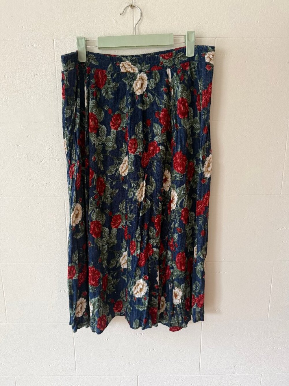 Vintage | 90s Navy Rayon Floral Midi Summer Skirt | Medium